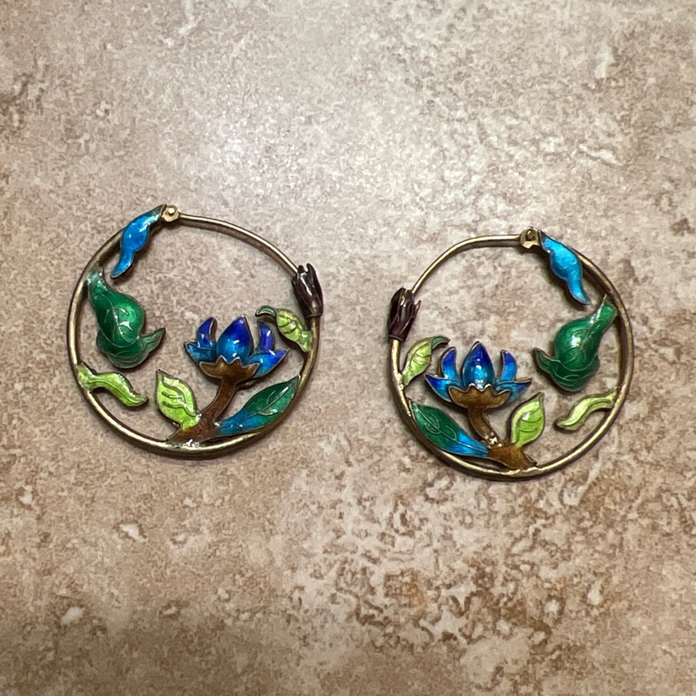 Thousand Flowers Lotus Garden Hoop Earrings Museum of Jewelry Handcrafted 1970’s